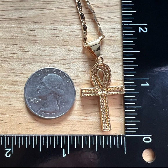 New Ankh Gold Tone CZ Iced Pendant Necklace with 22” Chain - Picture 3 of 8
